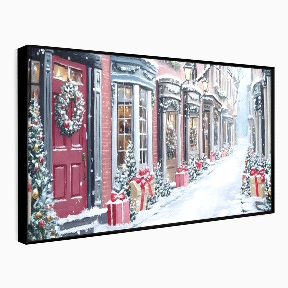 Tablou canvas cu tablou canvas cu strada urbana de iarna, in rama de aluminiu negru